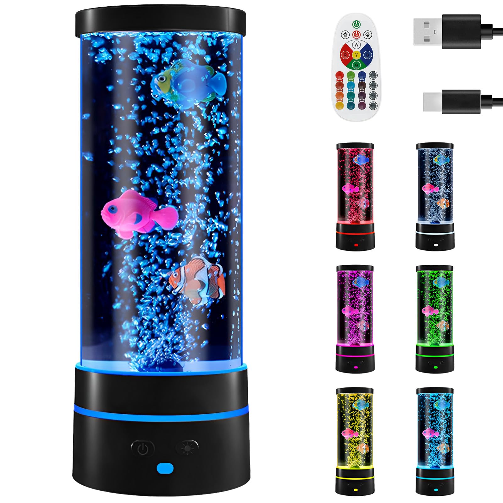 GUIJZSLTRG Fish Bubble Lamp LED Mood Light, Decorative Aquarium Night Light with Remote Control, Colorful Artificial Fish Tank Lights for Home Office Decoration, USB Lava Lamps Gifts for Kids Audlts