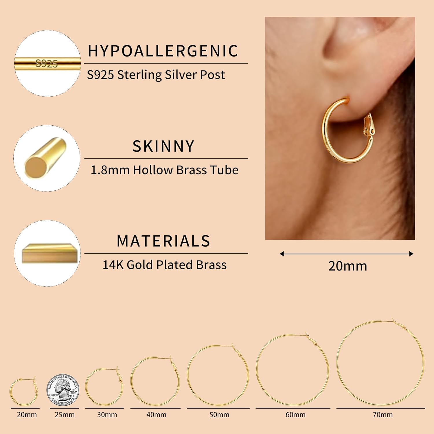 Fiusem 14K Gold Plated Hoop Earrings for Women, Lightweight Thin Tube Hoops, Hypoallergenic 925 Sterling Silver Post Click-Top Round Loop Jewelry - Image 2