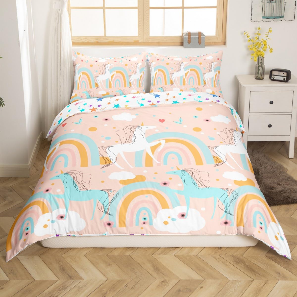 Loussiesd Girl Unicorn Duvet Cover King Children's Rainbow Horse Bedding Set Cloud Bedding Flower Bedding Set Decorative Animal Duvet Cover Pink — image 1