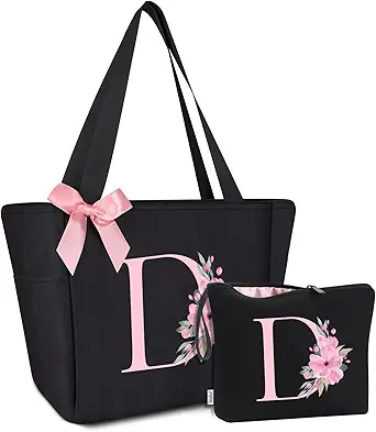 Vavabox Tote Bag, A-Z Initial Monogrammed Waterproof Tote Bag, Bridesmaid Gifts for Women, Black and Pink