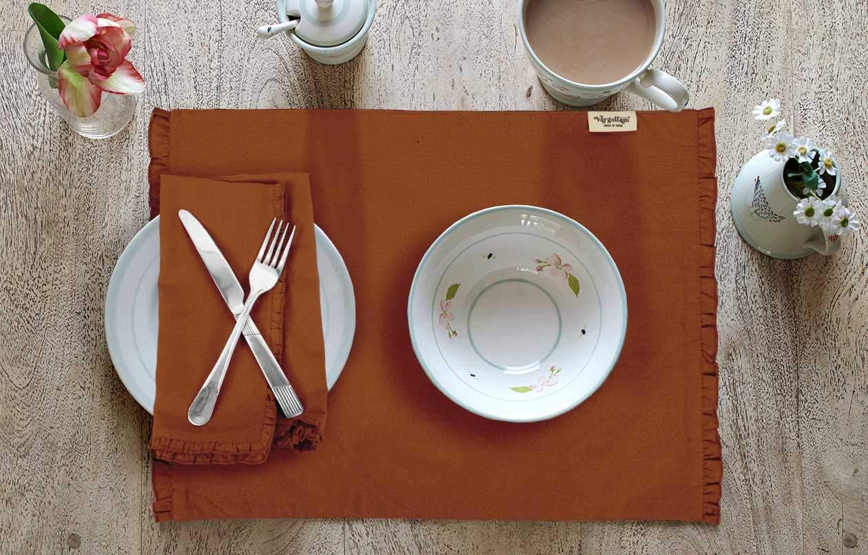 Rust Brown Home Decor Cotton Flex Table Decor Reversible Dining Table Frill Placemats Set-Set of 4