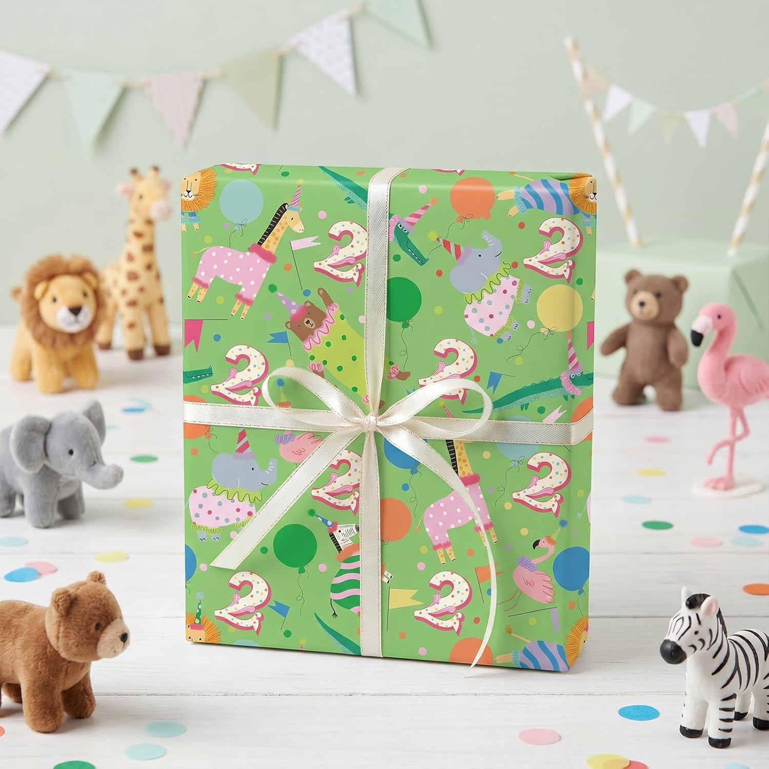 RUSPEPA 2nd Birthday Wrapping Paper Roll, Mini Roll, Green Jungle Animal Number 2 Safari Party Gift Wrap Paper for Kids, Boys, Girls, Toddler Birthday Party Supplies, 17 Inches x 16.4 Feet image 3