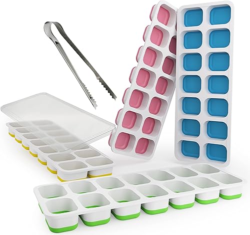 Bandeja para cubitos de hielo con tapa (paquete de 4) apilable y fácil de liberar, con pinza para limpieza, grande para congelador, para whisky,