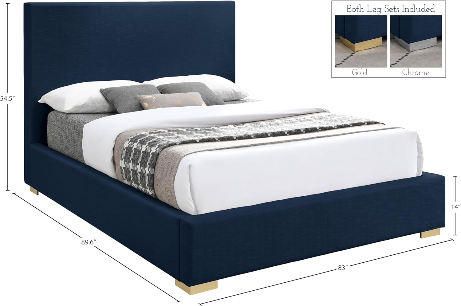 Meridian Furniture Cruz Collection Modern | Contemporary Velvet Upholstered Bed with Deep Button Tufting and Complete Sets of Gold and Chrome Legs Included, King, Navy