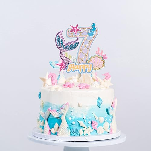 Miniatura 4 de Gyufise 1 pieza de decoración de pastel de sirena de 7 cumpleaños para niños y niñas, baby shower bajo el mar, temática de sirena, suministros de