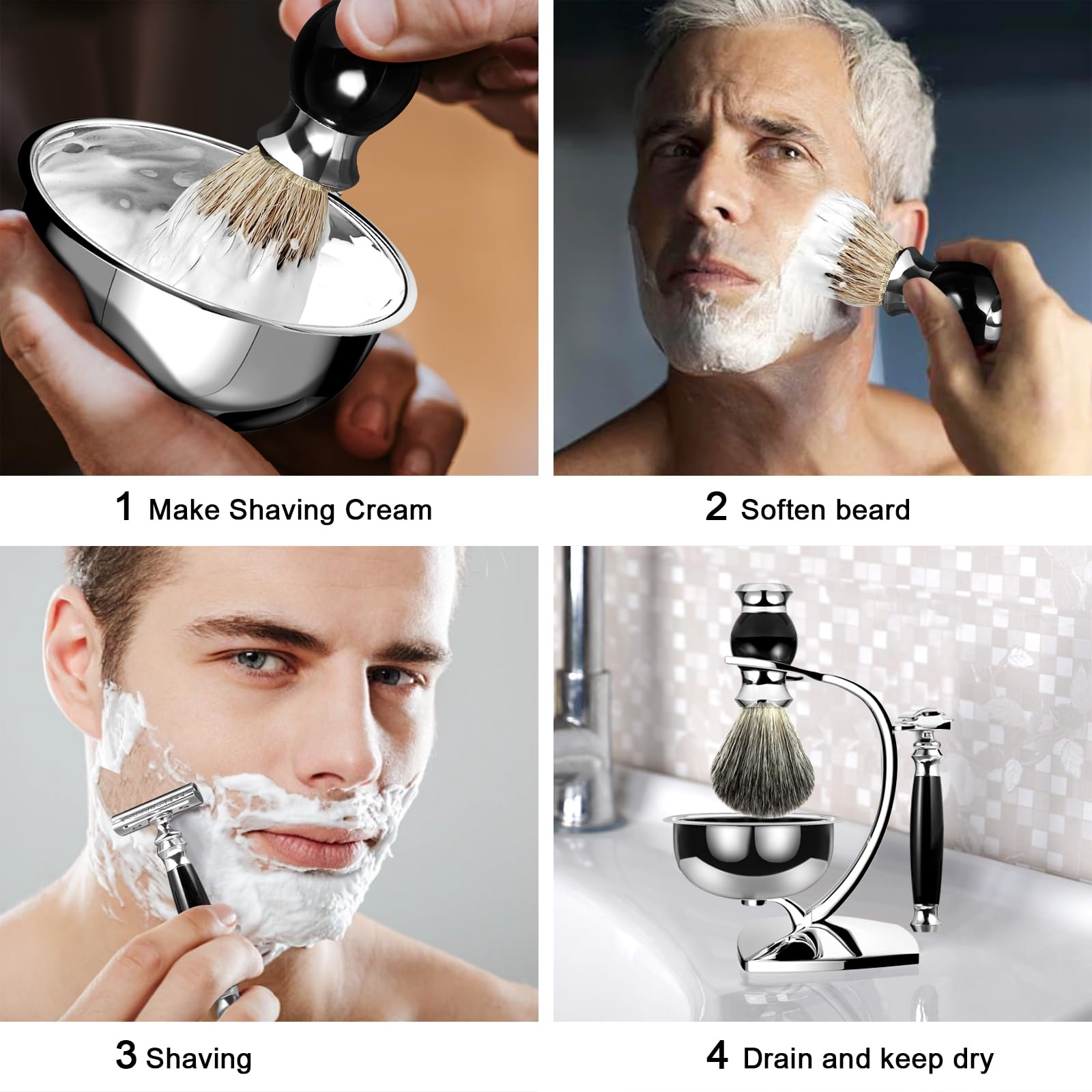 GRUTTI Set di pennelli da barba Premium con portaspazzole in tasso e portaspazzole per sapone e set da barba manuale per regalo da uomo