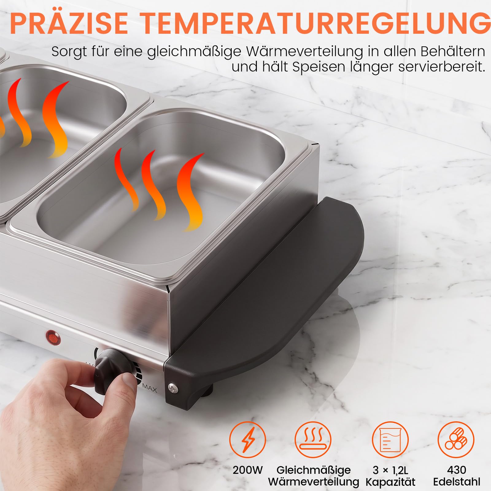 2in1 Warmhalteplatte und Buffetwärmer aus Edelstahl 200W mit 3x1,2L Speisebehältern Gleichmäßige Wärme Speisewärmer für Buffets Partys Familienessen Catering Events Kompakt Leicht Reinigung