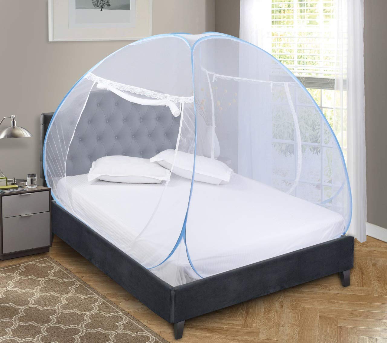 Backbone Mosquito Net, Polyester Foldable King Size Bed,Double Bed,Queen Size Bed with Free Saviours(Suitable for 6ft x 6ft to 6.9ft x 6.9ft) |PVC Coated Corrosion Resistant Steel Wire| - Blue-White (B07KXZRF5R) Amazon Price History, Amazon Price Tracker