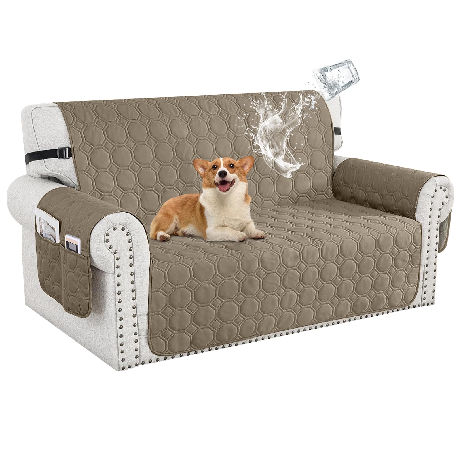 100% Waterproof Sofa Covers for Pets, Non Slip Sofa Slipcovers Couch Cover for Living Room Washable Pet Couch Cover with Elastic Straps Furniture Protector (Light Brown,2 Seater)