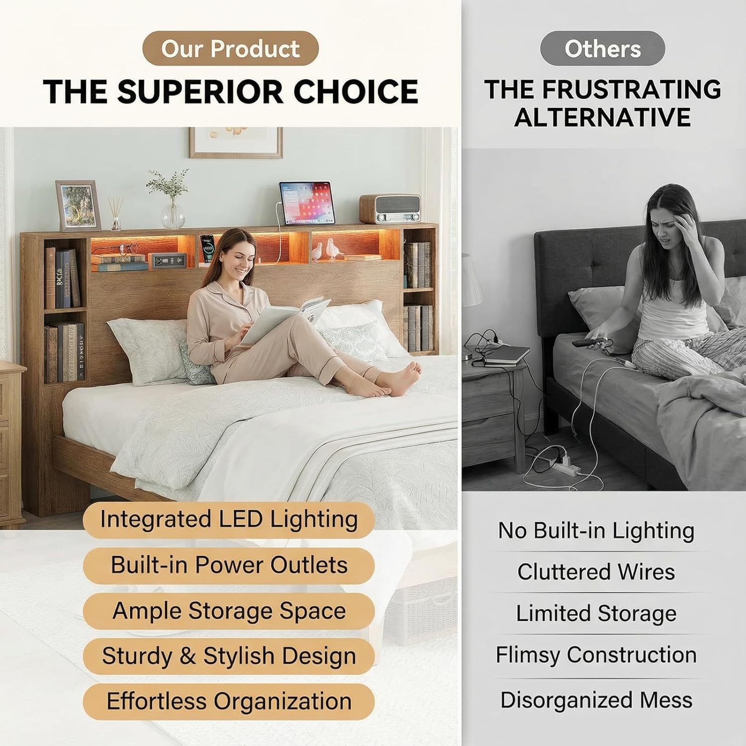 LIKIMIO Queen Bed Frame, Storage Headboard with Charging Station & LED Lights, 7 Open Shelves, 2 Side Cabinets, Storage Platform Bed, Easy Assembly, No Box Spring Needed, Natural Color