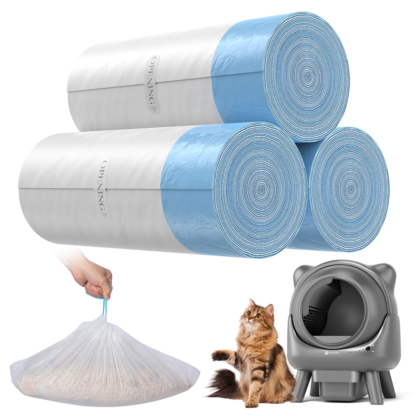 Amicura Sacchetti Lettiera Gatto, 3 Rotoli da 60, per Lettiera Autopulente con Maniglia, A Prova di Perdite, Inodore, HDPE Resistente Agli Strappi, Compatibile con Cura X1