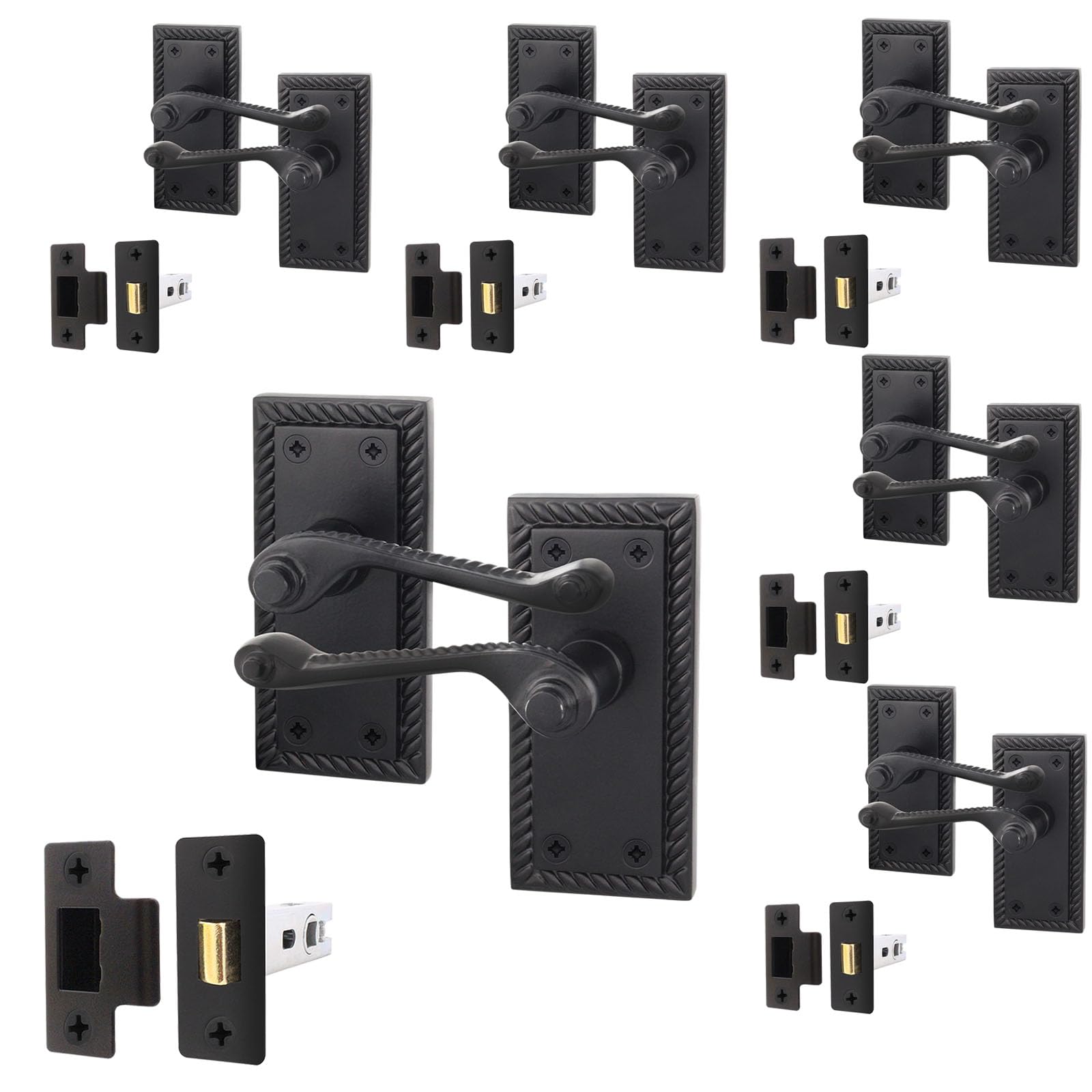 EAI Matt Black Door Handles with Latch 64mm, 6 Pack - Rope Scroll