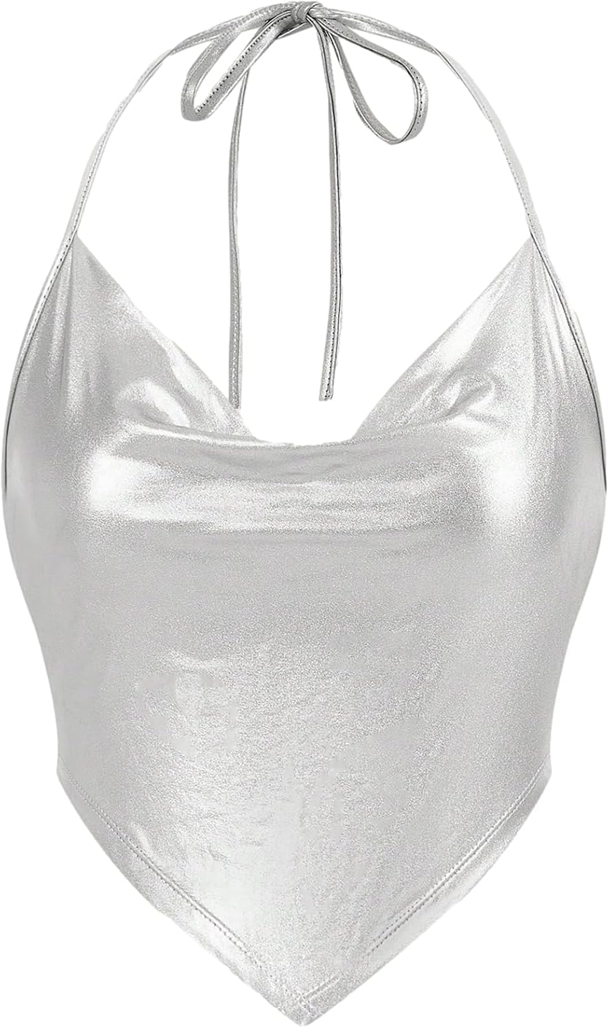 Women's Metallic Draped Front Tank Shiny Halter Top for Dancing, Raves, Festivals, Costumes