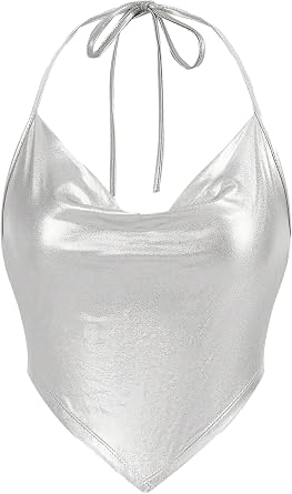 Womens Metallic Draped Front Tank Shiny Halter Top for Dancing, Raves, Festivals, Costumes