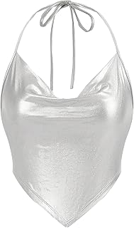 Women's Metallic Draped Front Tank Shiny Halter Top for Dancing, Raves, Festivals, Costumes