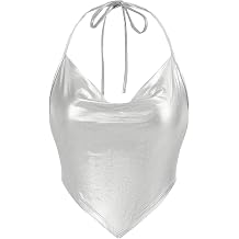 Womens Metallic Draped Front Tank Shiny Halter Top for Dancing, Raves, Festivals, Costumes