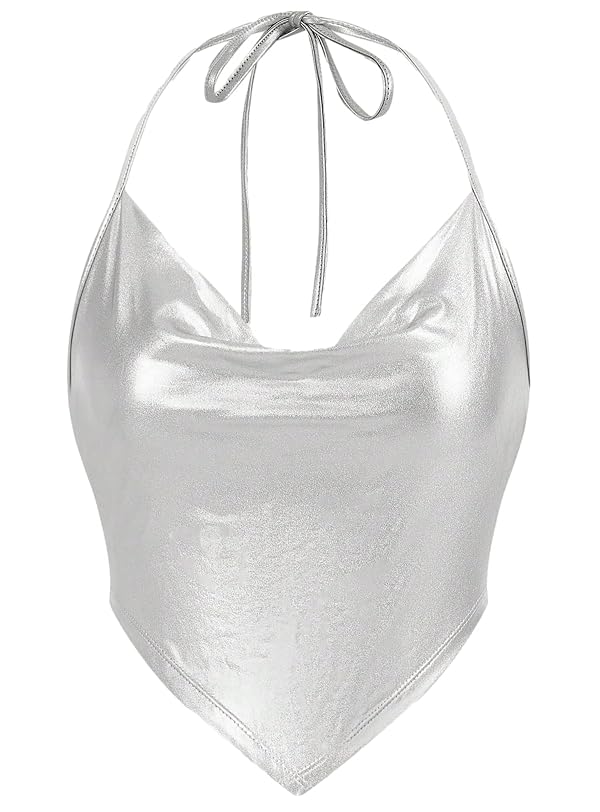 Women's Metallic Draped Front Tank Shiny Halter Top for Dancing, Raves, Festivals, Costumes(T089,Silver,M) by JuicyRose - Used condition - US$15.47