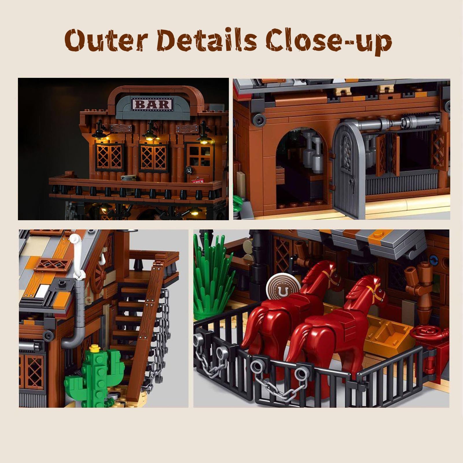Western Cowboy Bar Modular Building Set, 1884 Teile Westernstadt Architektur mit Ställe und Pferde, Old West Klemmbausteine Haus, Sammlermodell für Erwachsene & Geschenk