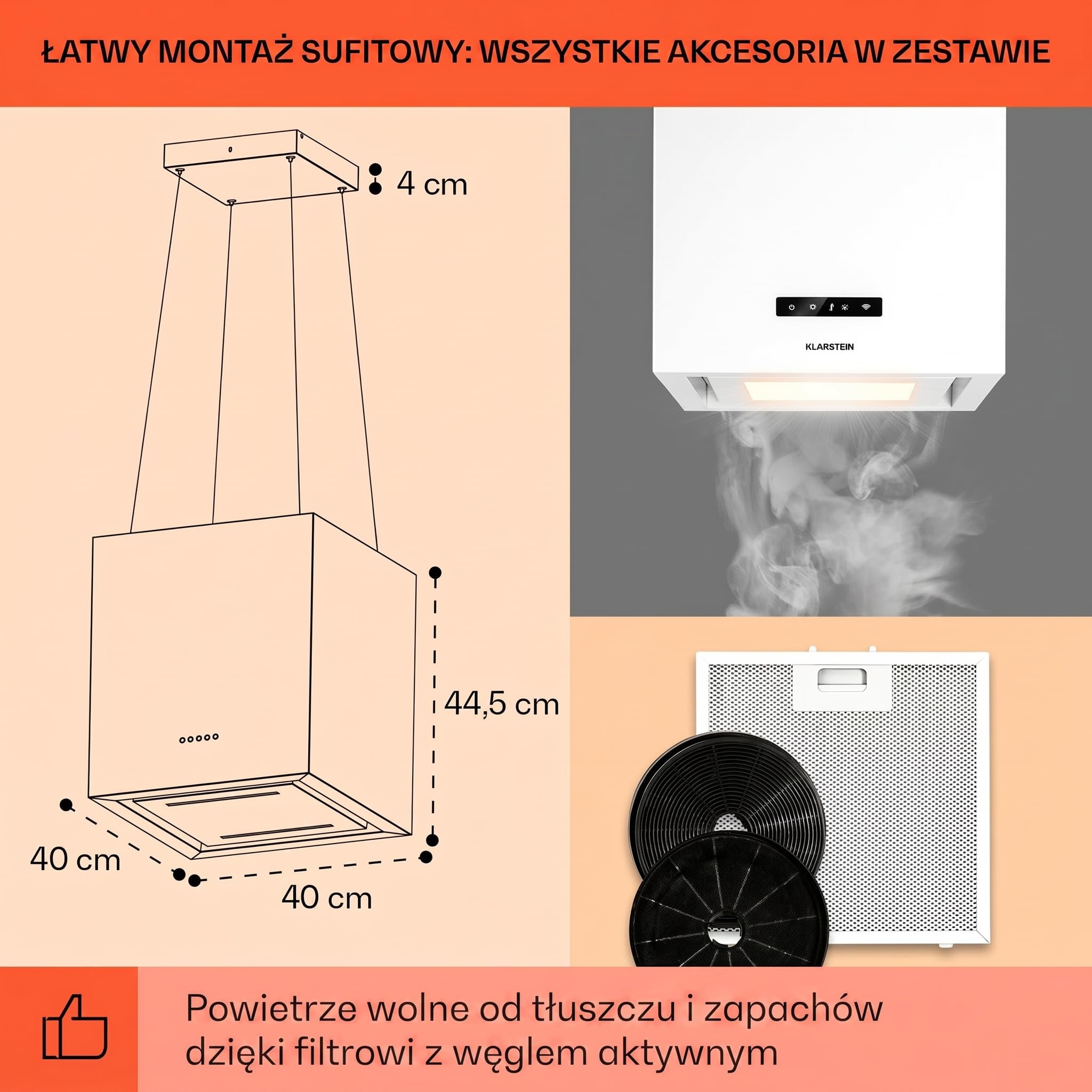 Klarstein Okap, Okap wyspowy wiszący, wyciągowy/z recyrkulacją do montażu sufitowego, Nowoczesny z 3 biegami, Przepływ 595m³/h i sterowanie aplikacją, wyspowy sufitowy