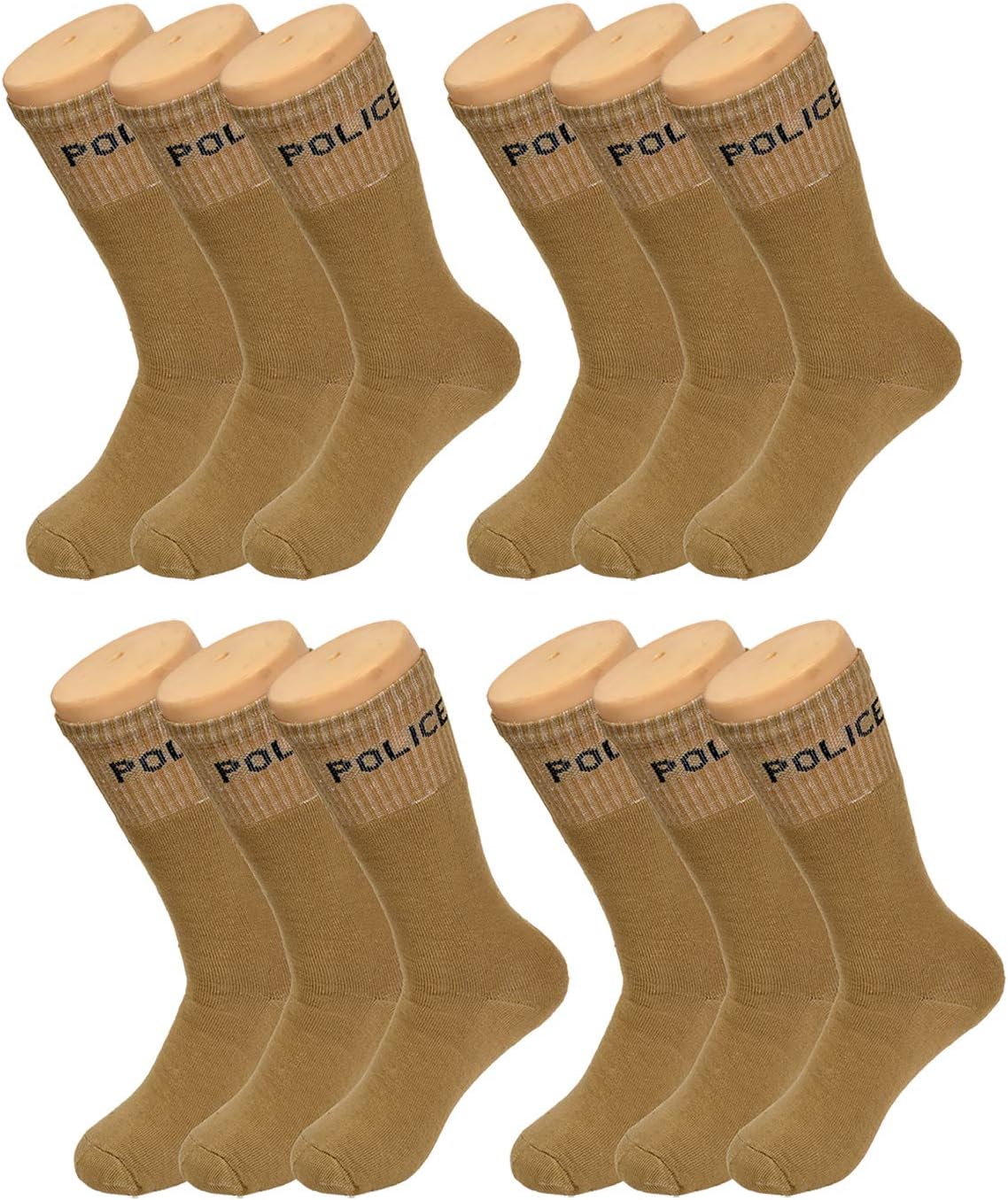 Men's Cotton Cushioned Full-Length Police Socks (Khaki, Free Size) - Pack of 12 Pair