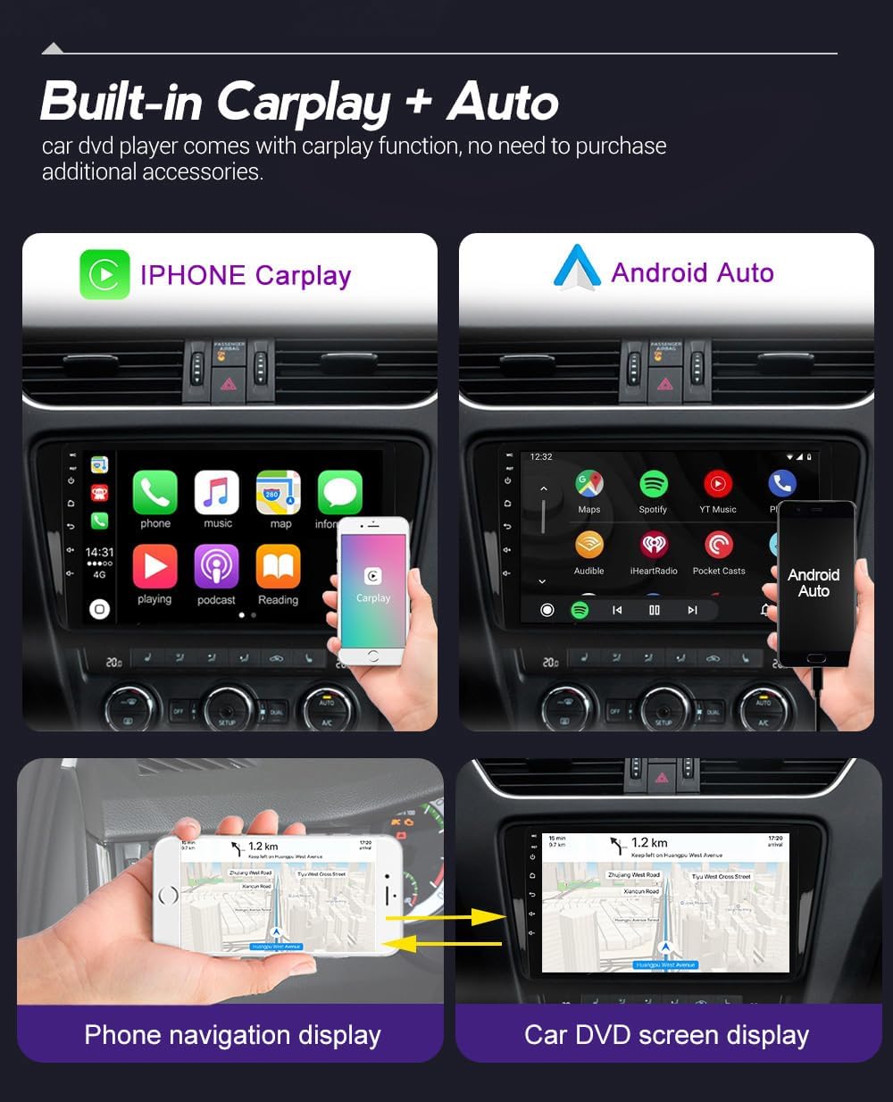 Image showing the car stereo display with both Apple CarPlay and Android Auto interfaces. CarPlay shows phone, music, maps, and messages. Android Auto shows maps, Spotify, and YouTube Music.