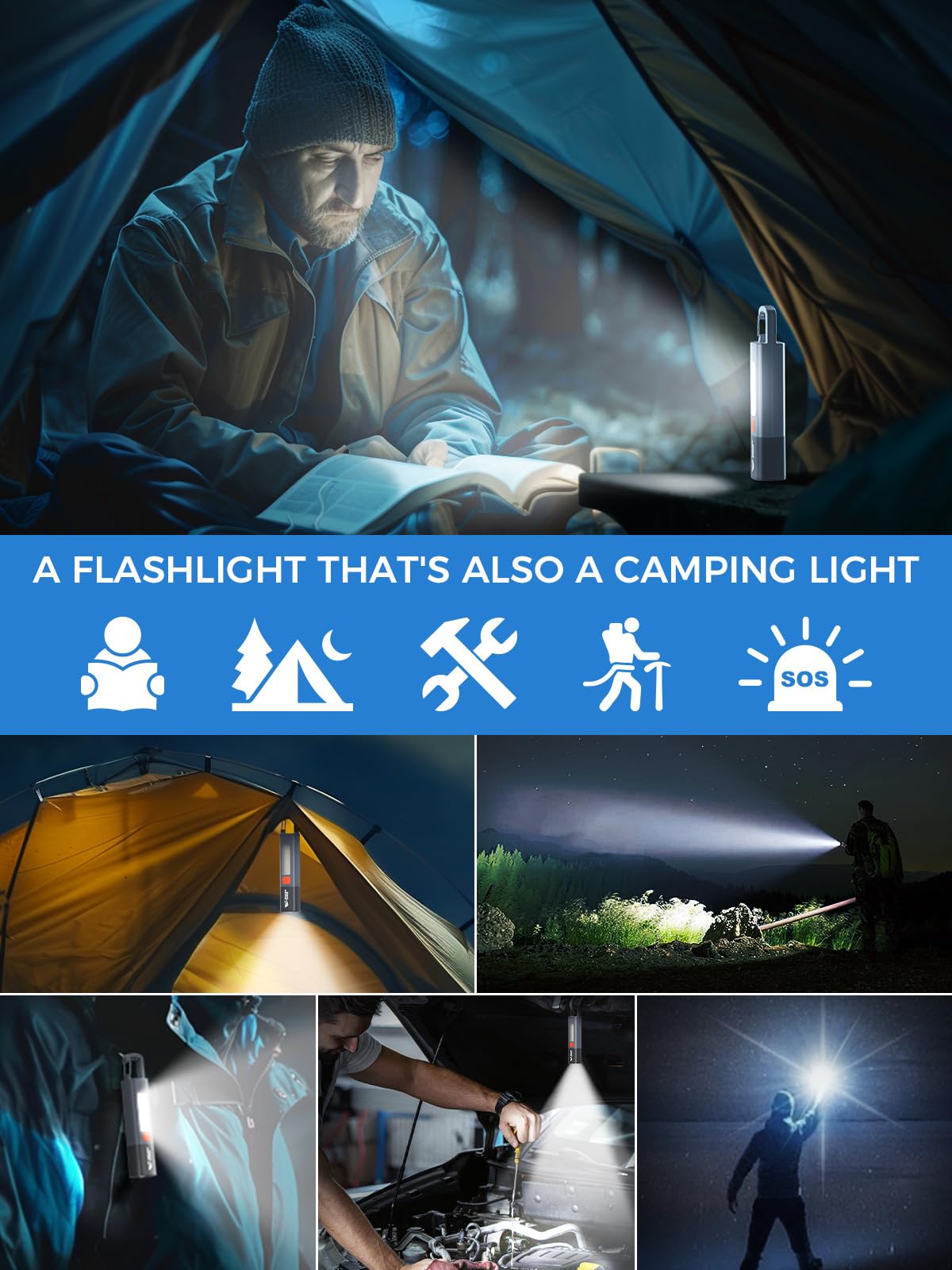 Smiling Shark Flashlights,Recargeable Flashlight LED with 3 Modes & Hook and Zoomable & Waterproof 2-in-1 Flash Light and Side Light for Camping/Home/Emergency,G1 (Gray) — Amazon image 6