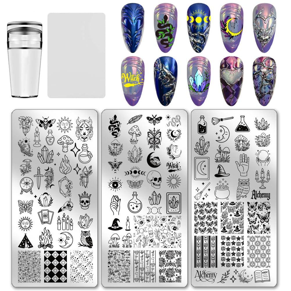 PH PandaHall 3pcs Magic Nail Stamping Plates, Sun Moon Tarot Nail Art Templates Gothic Skull Witchcraft Art Stencils Image Plate with Stamper and Scraper for DIY Print Manicures Salon Design Halloween-image-46