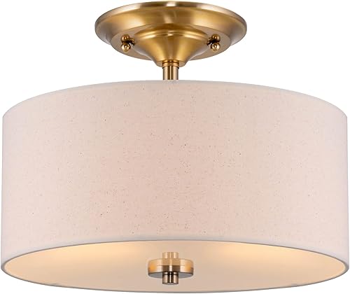 Kira Home Addison - Lámpara de techo semiempotrada de 13 pulgadas con pantalla de tambor de tela blanca rota, acabado de latón frío