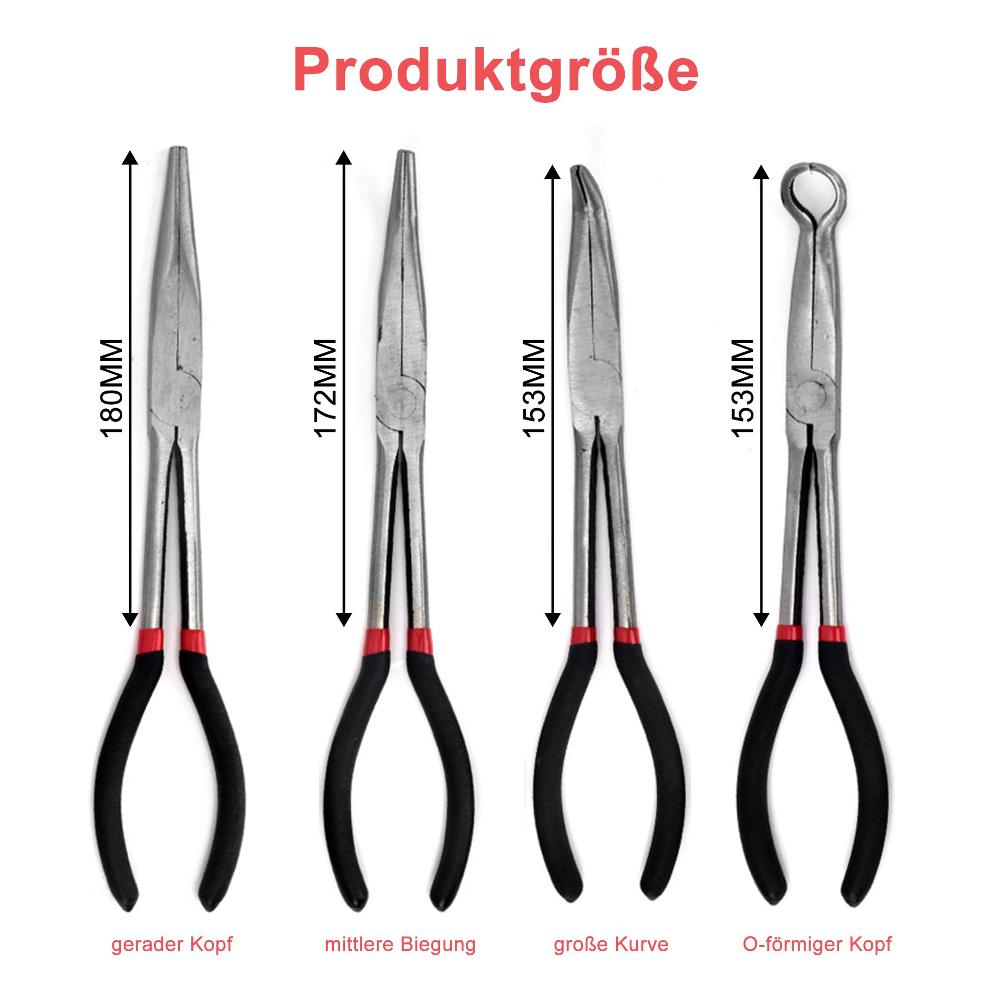 4 alicates de punta larga de 280 mm. Incluye alicates rectos de 45 grados, 90 grados y tipo O para doblar alambre, dar forma y hacer joyas.