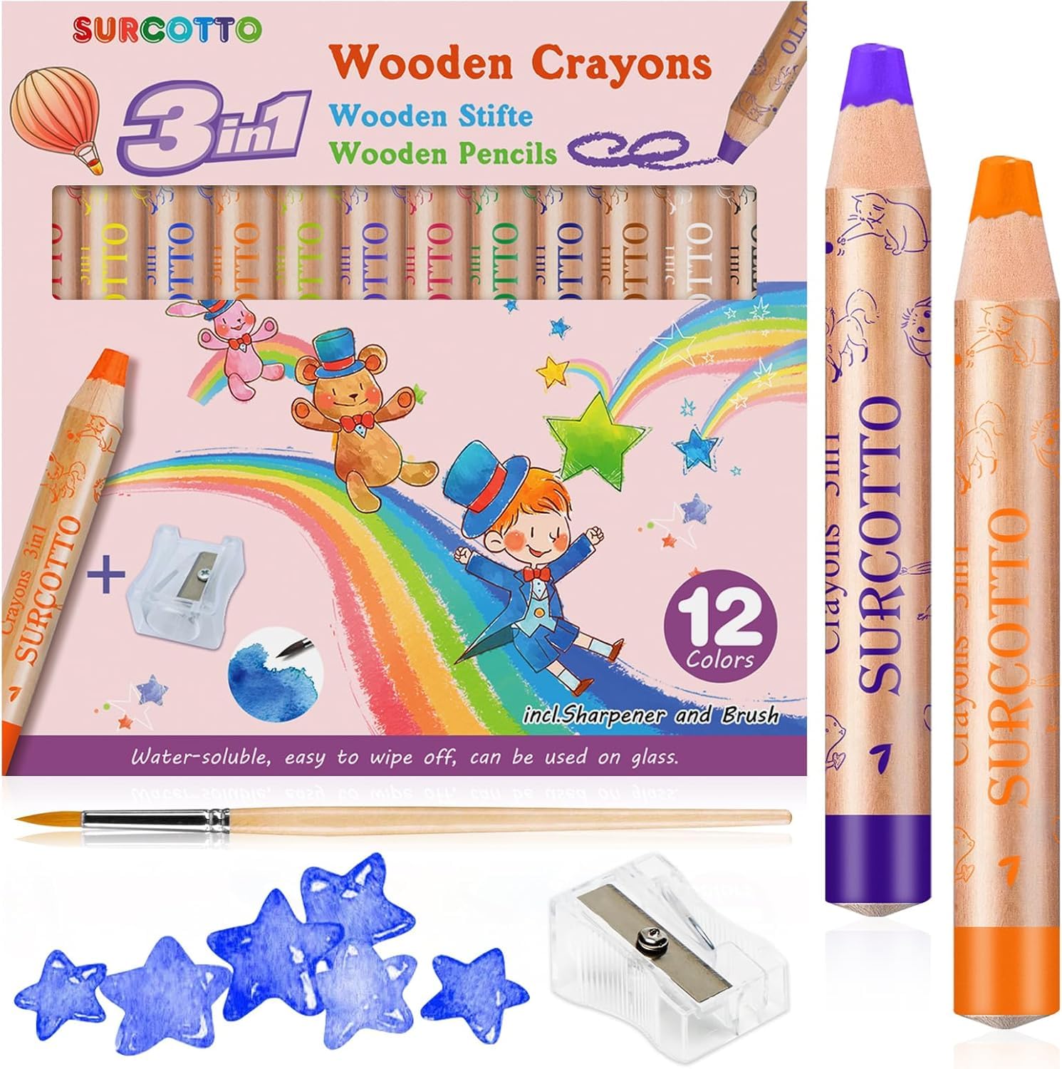Surcotto 3 in 1 Buntstifte - Wasserlöslich - 12er Pack mit 1 Spitzer & 1 Pinsel, Dicke Holz-Wachskreiden/Aquarell-Wachsmalstifte, Malstifte für Mädchen Junge Starter, Mehrfarbig