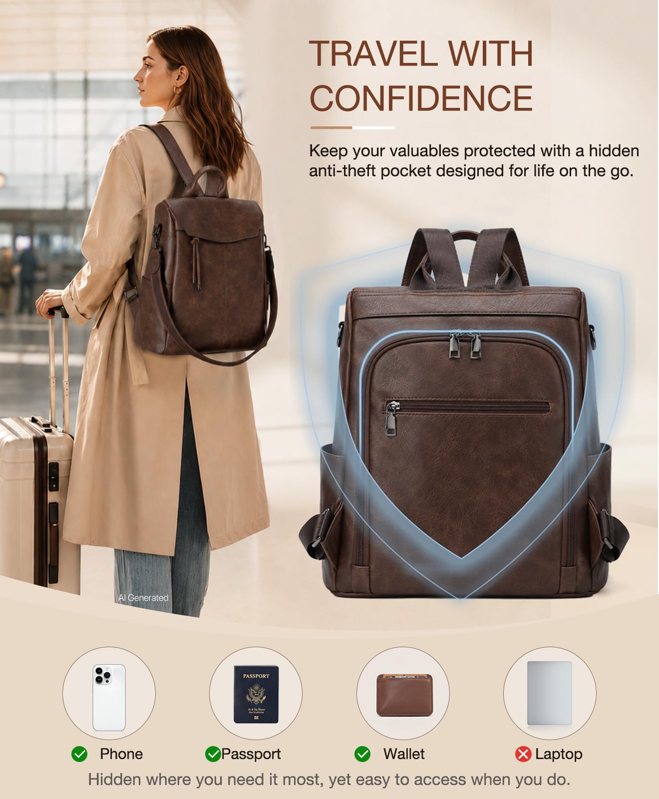 VX VONXURY Sac a Dos Femme en Cuir PU Sac a Dos Antivol avec Poche Arrière Sacs à Dos loisir pour Travail, Scolaire, Voyage