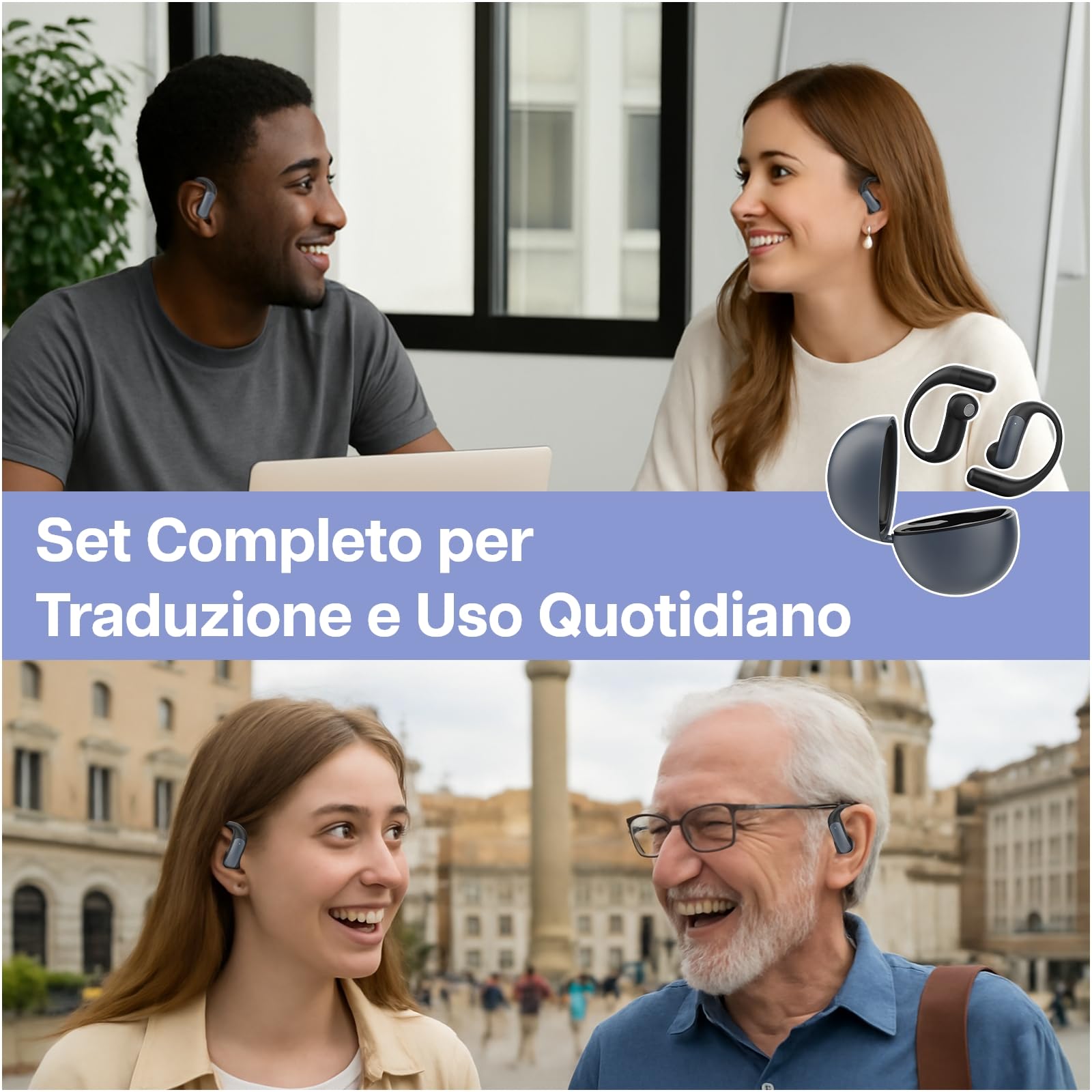 Auricolari AI Traduzione in Tempo Reale di MMOBIEL – Traduttore Vocale Bluetooth 5.4 con 148 Lingue - Auricolari Open-Ear con App - Supporta Musica e Chiamate - Ideali per Viaggi, Business e Studio