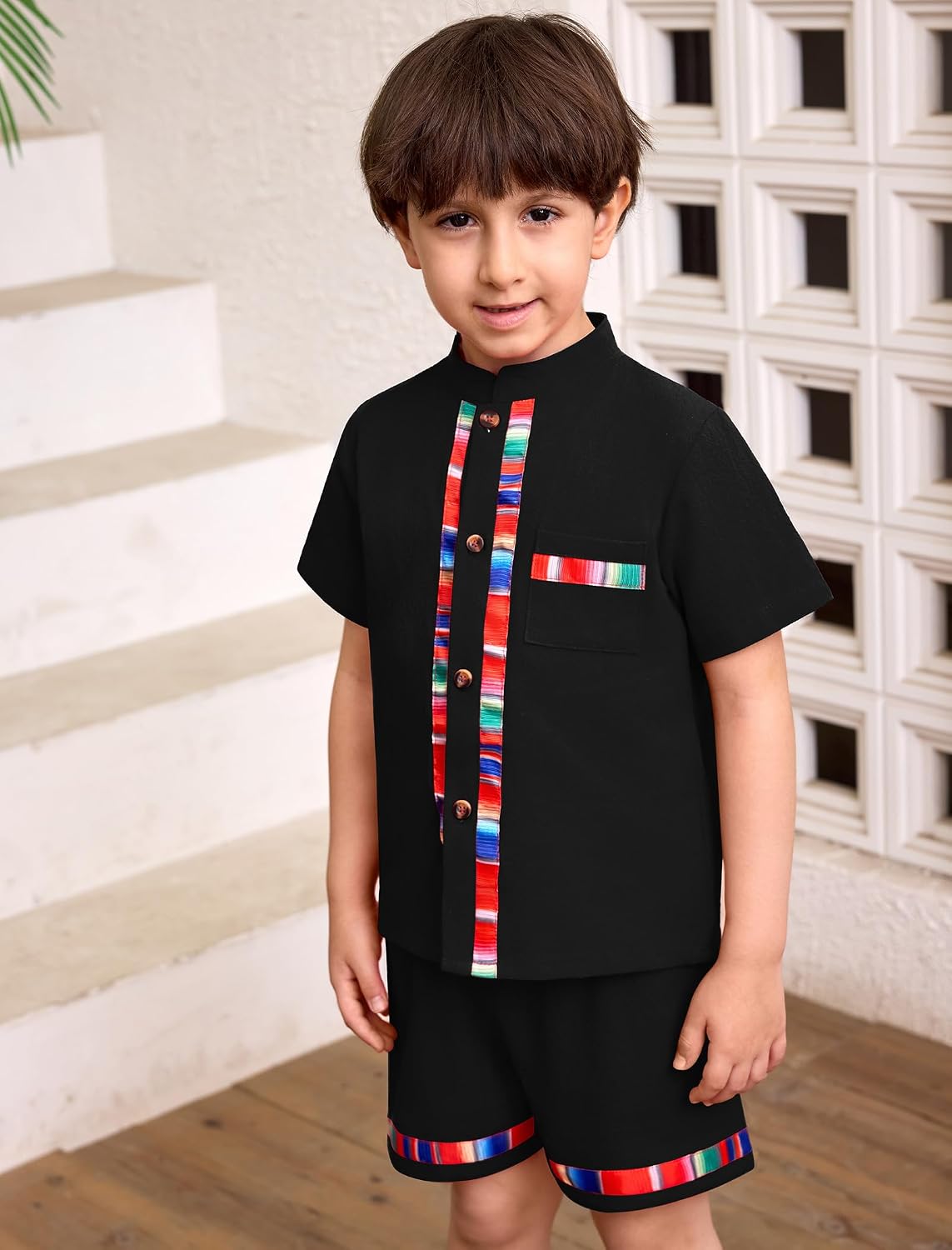ABEWIP Baby Boys Mexican Outfits Embroidery Fiesta Traditional Guayabera for Toddler Button Up Shirt+Shorts 2Pcs