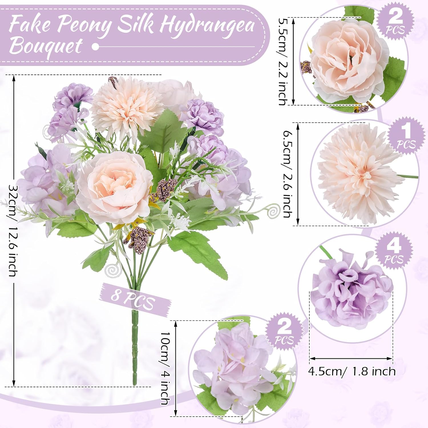 Lyrow 8 Pcs Peony Artificial Flowers Fake Silk Hydrangea Bouquet Elegant Peony Flowers for Wedding Decoration Faux Realistic Floral for Home Party Table Centerpieces Arrangement (Pink,Purple)