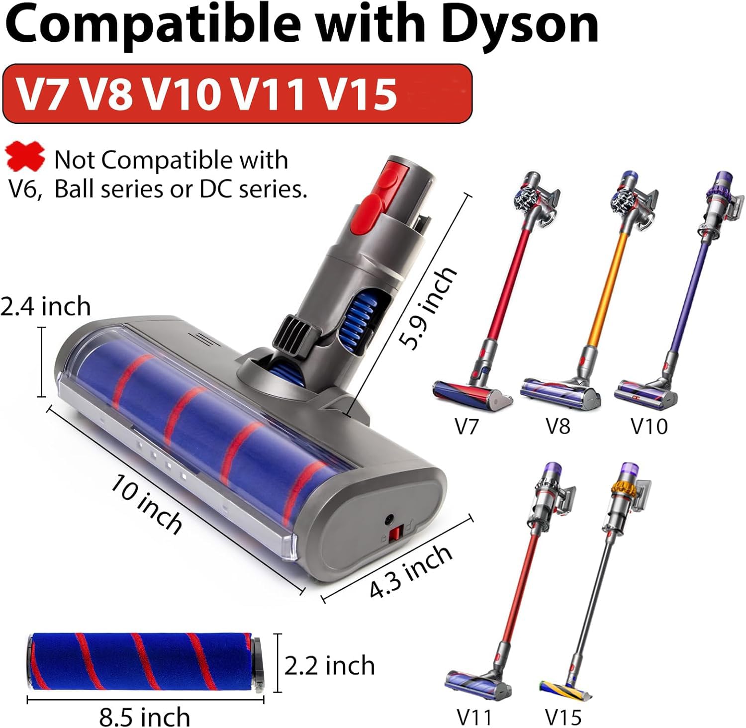 Cepillo Motorizado Recambios Cepillo para Dyson, Cabezal Limpia Colchones Cepillo Suave para Dyson V7 V8 V10 V11 V15 Aspiradora, Cabeza del Motor Boquilla de Turbina con 4 LED