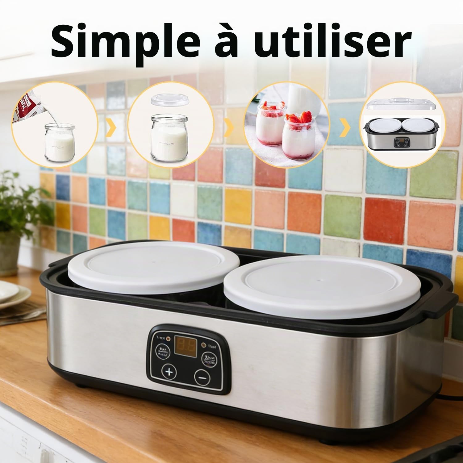 Yaourtière Automatique, 2L Machine à Yaourt Maison avec Affichage LED et 2 Récipients en Verre, Température et Minuterie, pour Préparation de Yaourts Bio, Produits Laitiers, Fromage, Natto