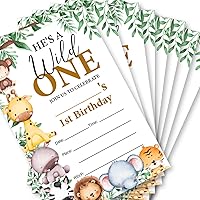 Vista 2 de Soiceu Safari Wild One - Invitaciones de primer cumpleaños con sobres, juego de 20 animales de la selva para niño