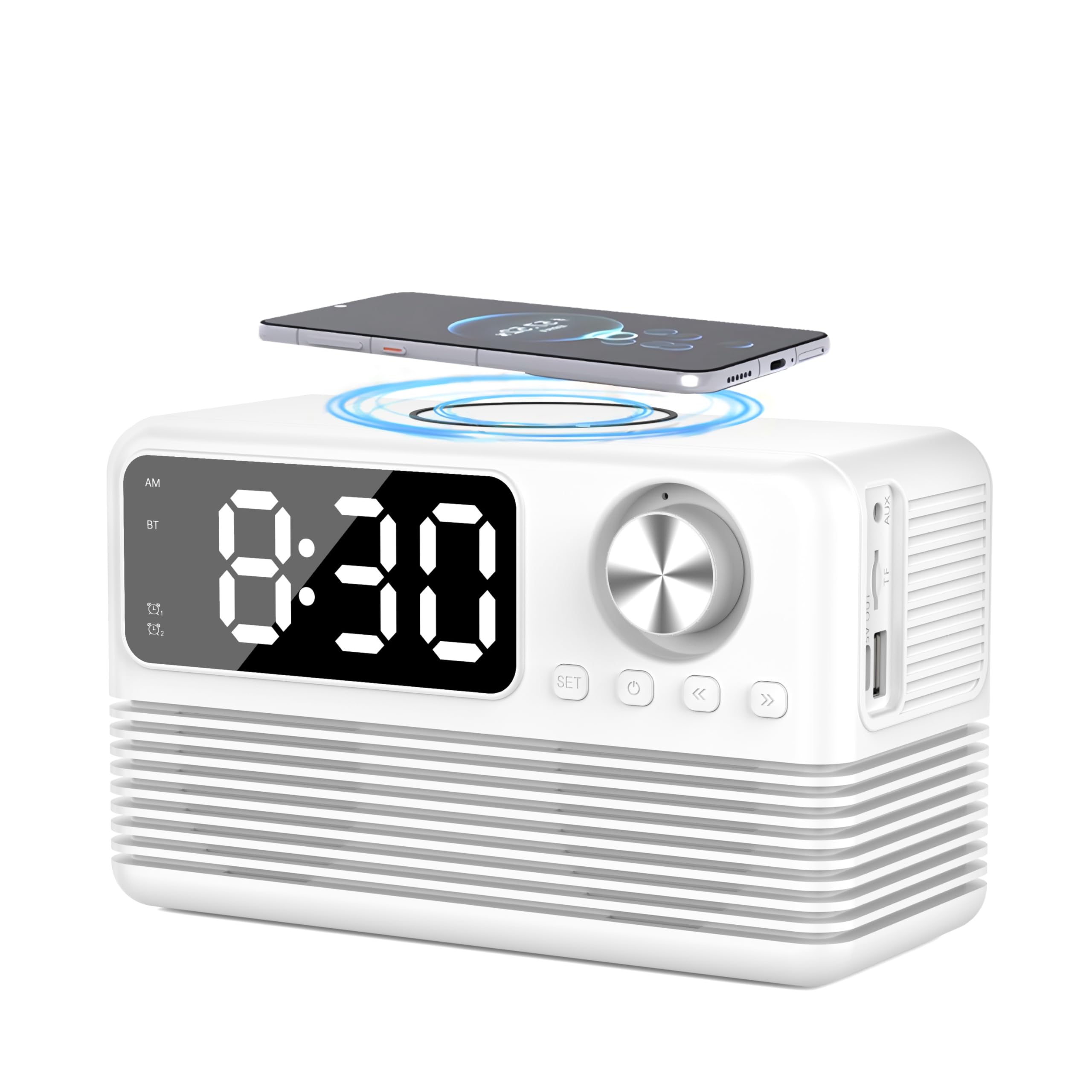 Reloj despertador para mesita de noche, 15 W, carga inalámbrica, con altavoz Bluetooth, alarmas duales, batería de respaldo, regulable, gran pantalla HD, reloj de radio digital para
