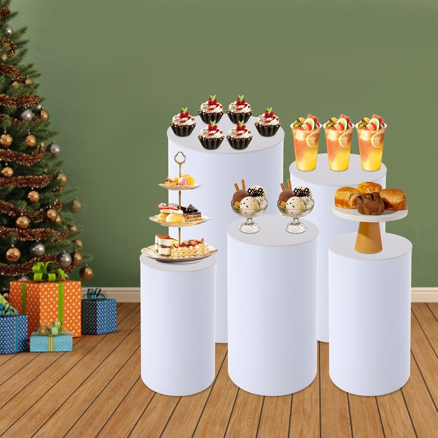 5PCS Round Cylinder Pedestals Display White Metal Stage Set Cylindrical Display Stand Birthday Art Wedding Party Event Decors Plinth Pillar Ornaments for Trinkets Flowers Candles