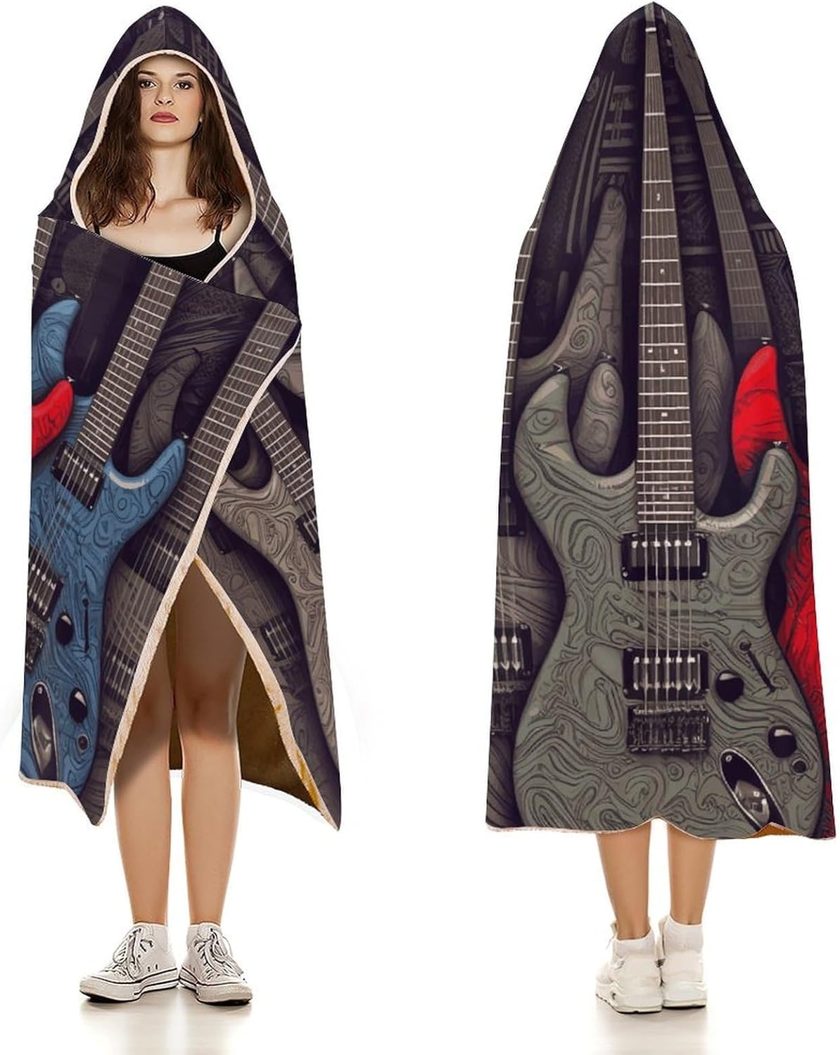 Guitar Pattern Wearable Hooded Blanket, Ultra Soft Arctic Velvet Cape Cloak Unisex - Cozy Wearable Blanket