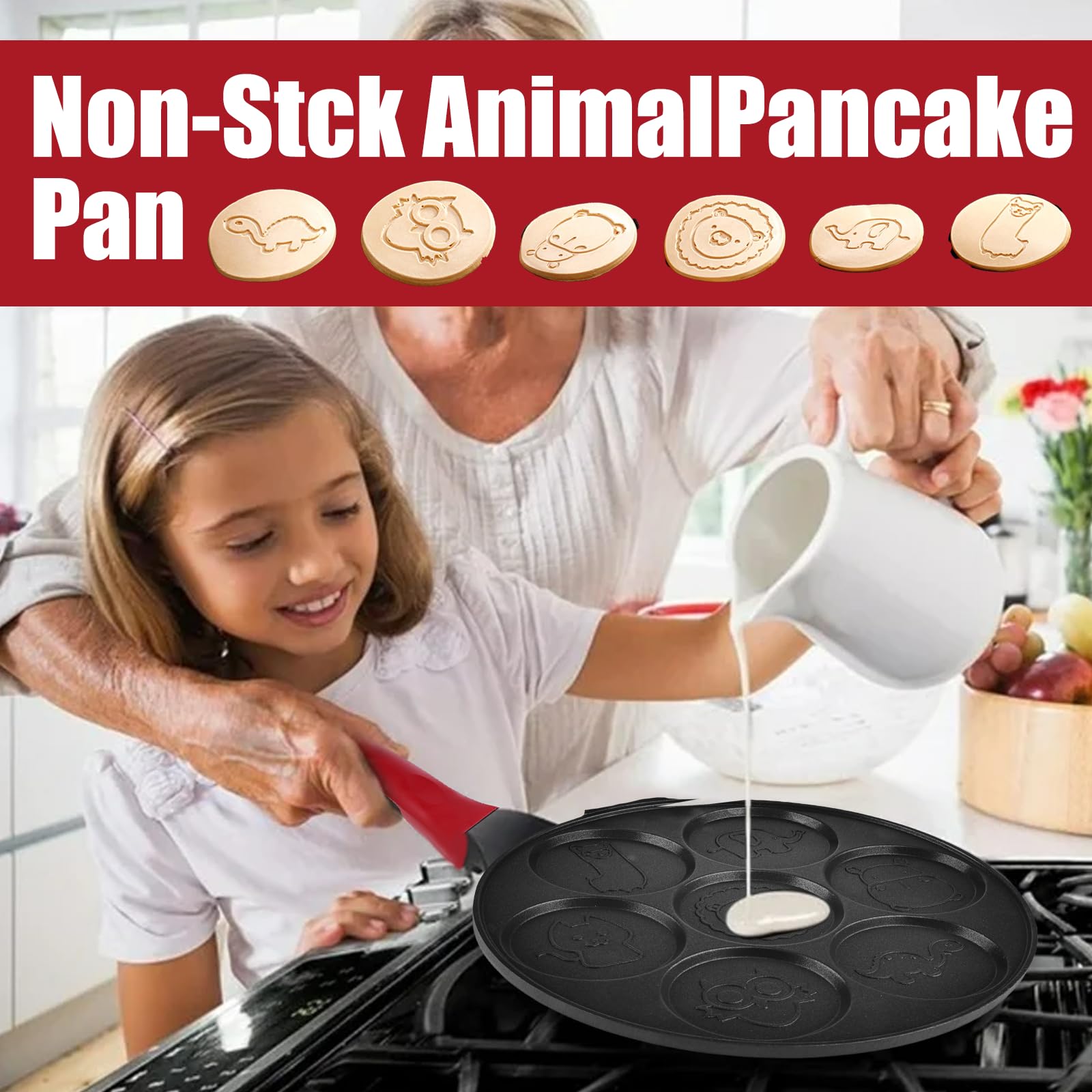 Padella Antiaderente per Pancake 26 cm con Sette Fori, Crepes Maker con Animale per Gas, Padella per Uova Fritte, Omelette, Frittelle, Hamburger
