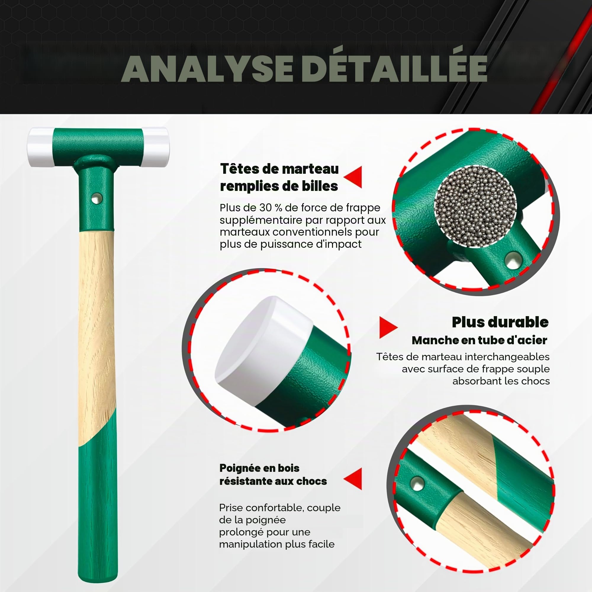 C&T Marteau de protection, maillet souple, diamètre : 30 mm, manche en bois avec tête en nylon interchangeable pour l'entretien et le montage, poignée en bois de 30 mm