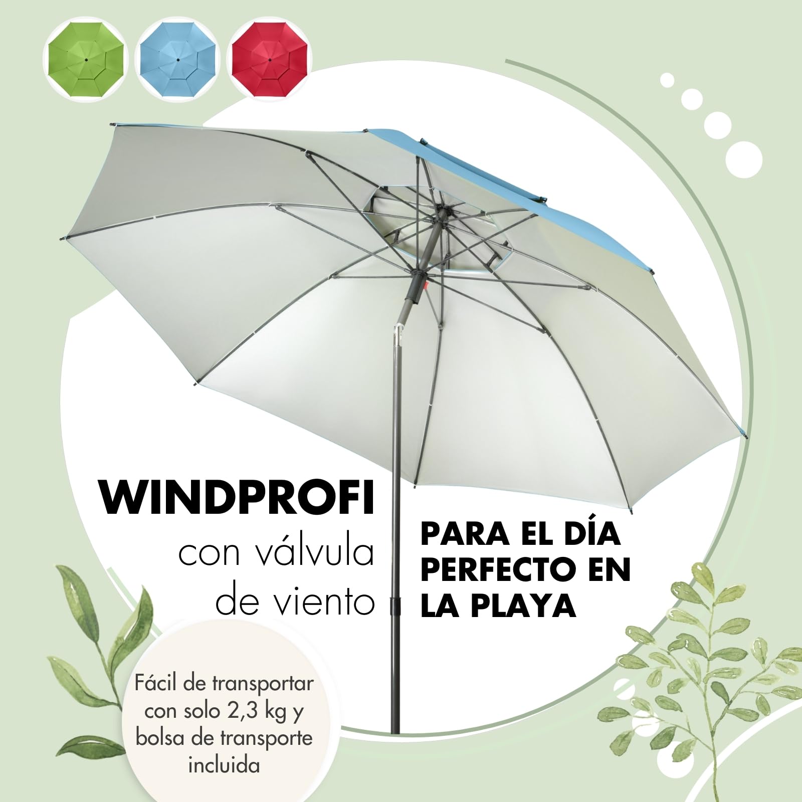 Doppler derby Sombrilla de 200 cm, sombrilla para playa, balcón y terraza, altura regulable, con protección UV, sombrilla plegable, para playa y piscina al aire libre