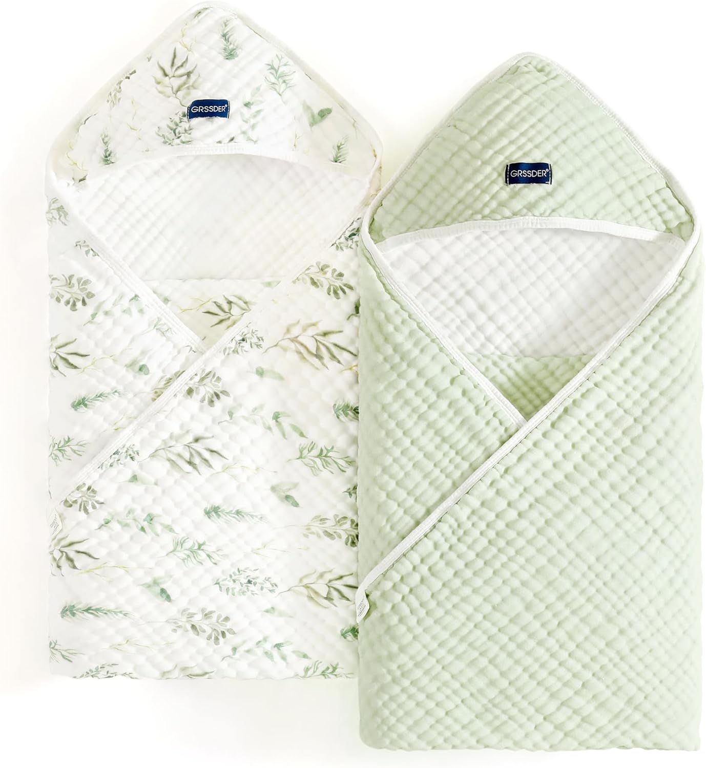 GRSSDER Ultra Soft Absorbent Muslin Cotton Baby Hooded Towel 2 Pack with Original Patterns, Extra Large Size 35"x 35" Swaddle Wrap for Newborn Infant and Toddler
