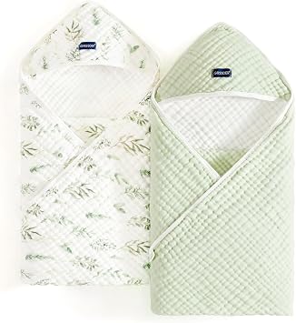 Ultra Soft Absorbent Muslin Cotton Baby Hooded Towel 2 Pack with Original Patterns, Extra Large Size 35"x 35" Swaddle Wrap for Newborn Infant and Toddler