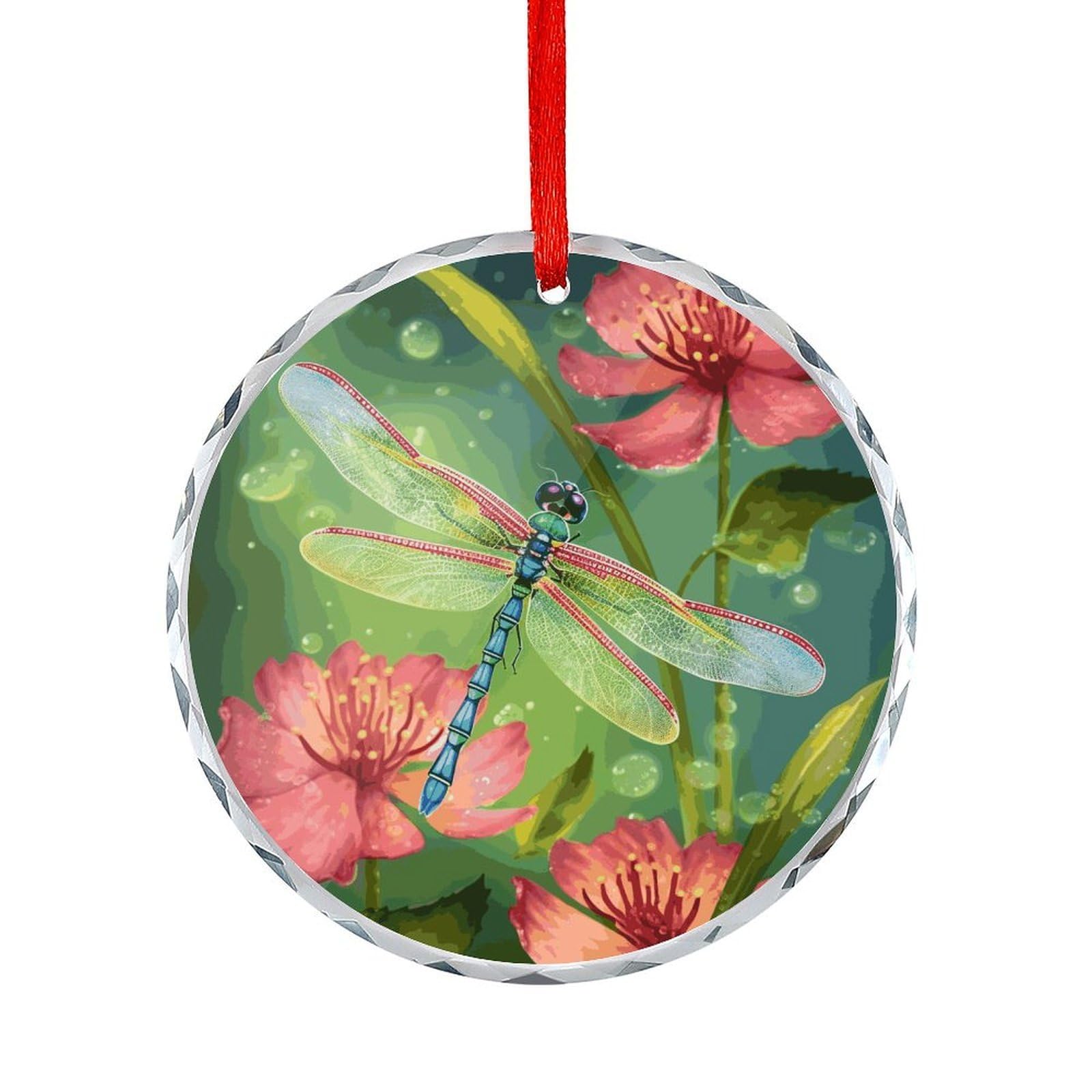 Fodpand Women's Style Dragonflies And Flowers Round Glass Ornament Keepsake Gift Exchange Ideas Car Decor,Christmas Ornaments For Tree Window Garden Ornaments