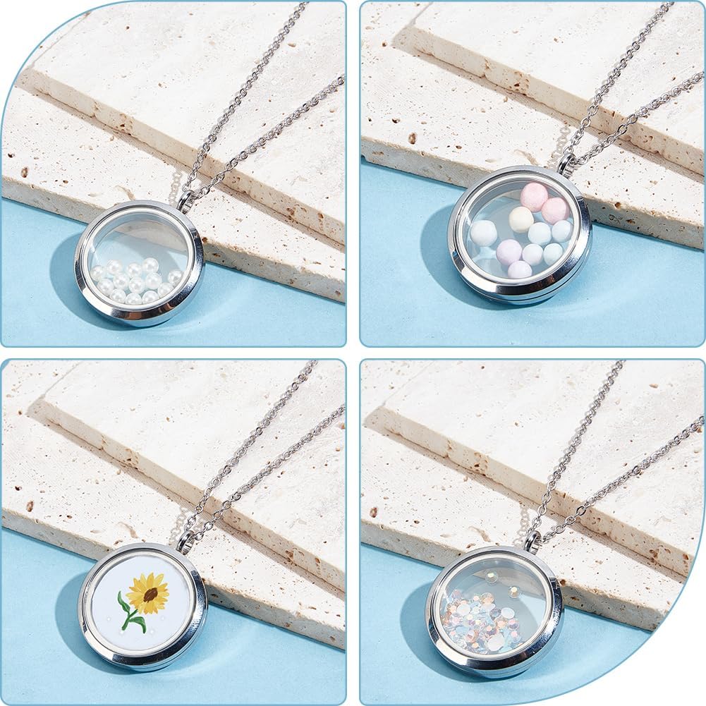 Beebeecraft 2Pcs Floating Charm Locket 304 Stainless Steel Flat Round Memory Glass Locket Charms for Beads Pearl Cage Necklace - Image 5
