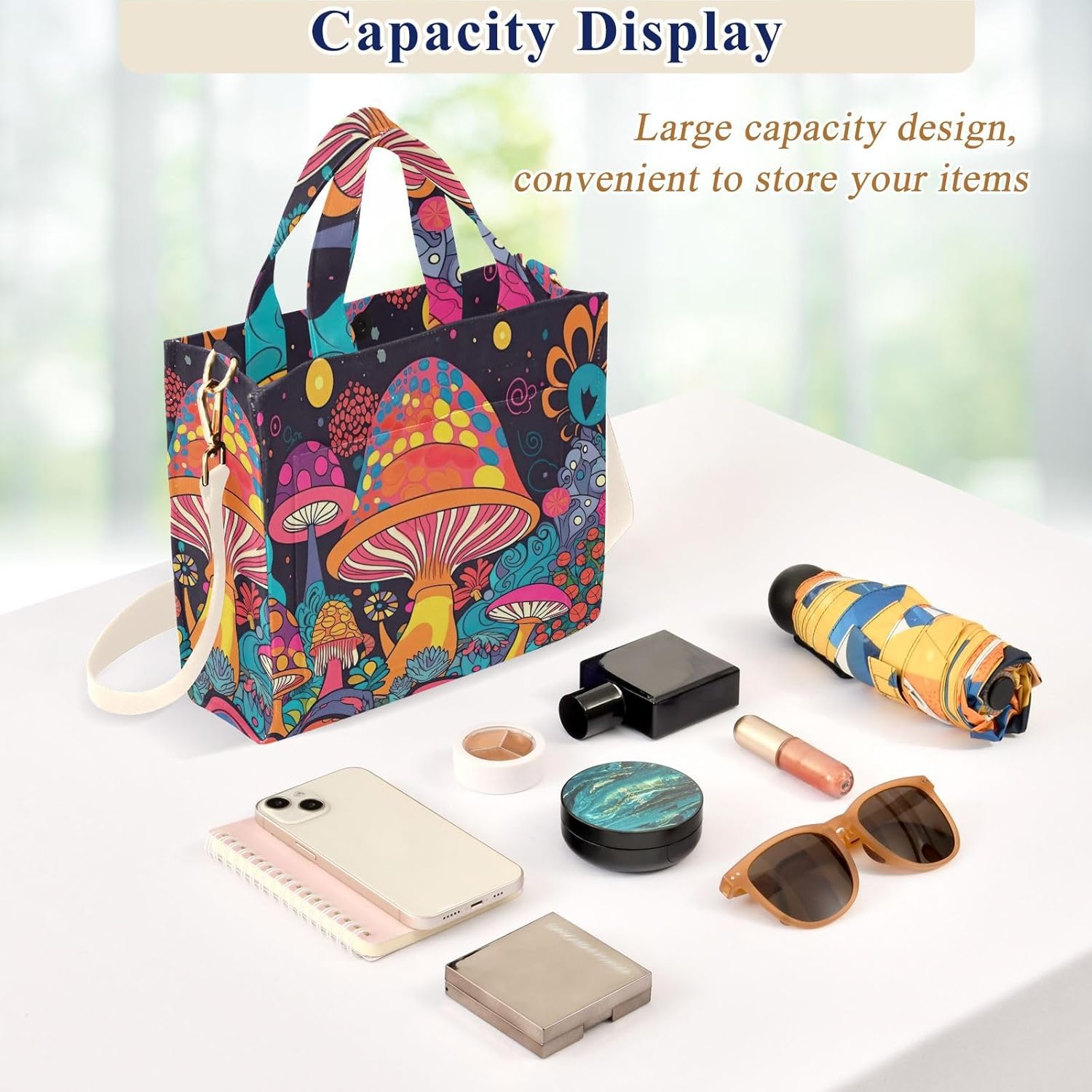 Corduroy Tote Bag for Women - Vibrant Mushroom, Handbag Purse with Detachable Strap