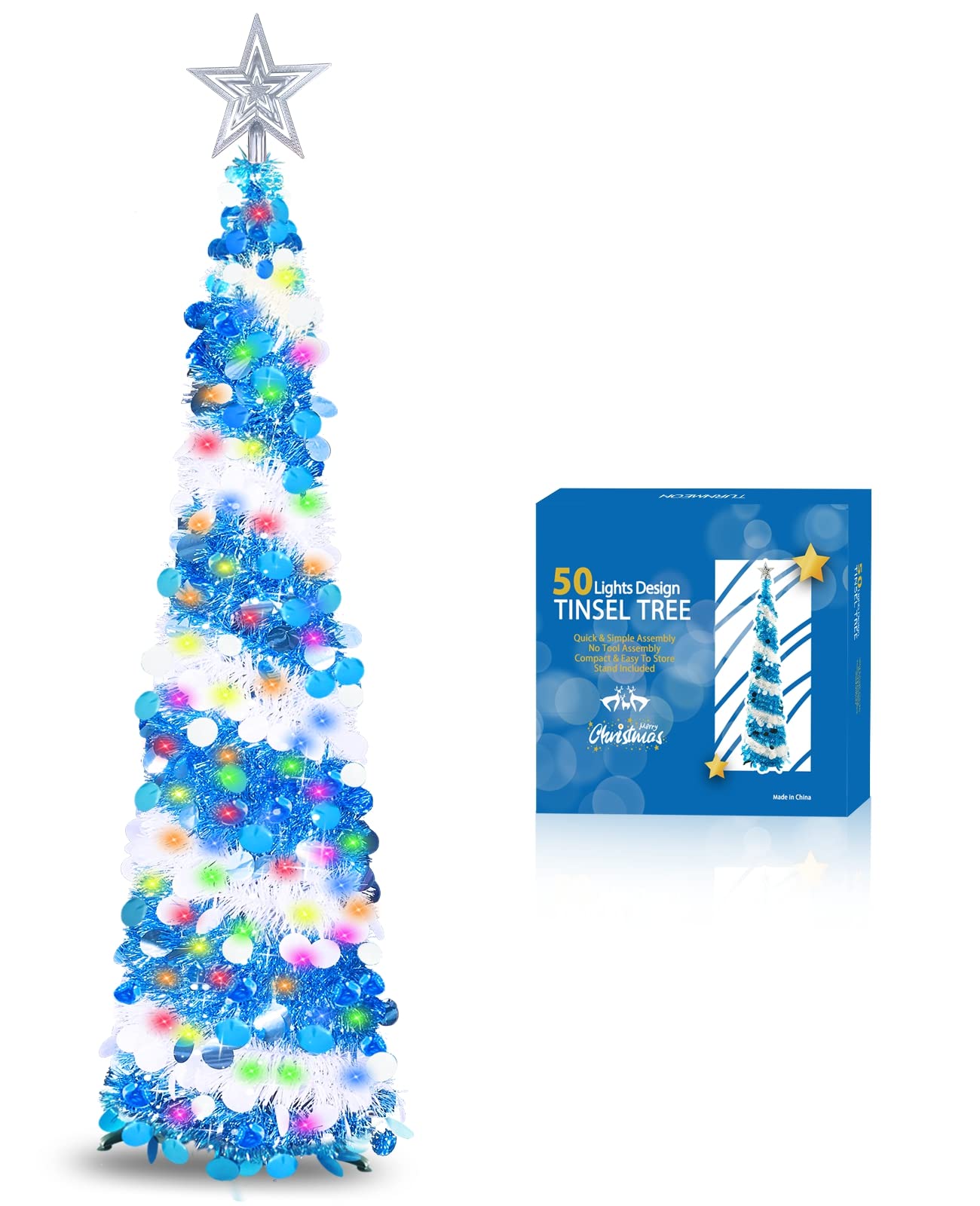TURNMEON5 Ft Pop Up Christmas Tree Dual Color Change Lights Ball Ornaments Star Sequin Blue Tinsel Christmas Tree 8 Mode Timer Warm White Colorful Battery Operated Holiday Hanukkah Decoration Indoor