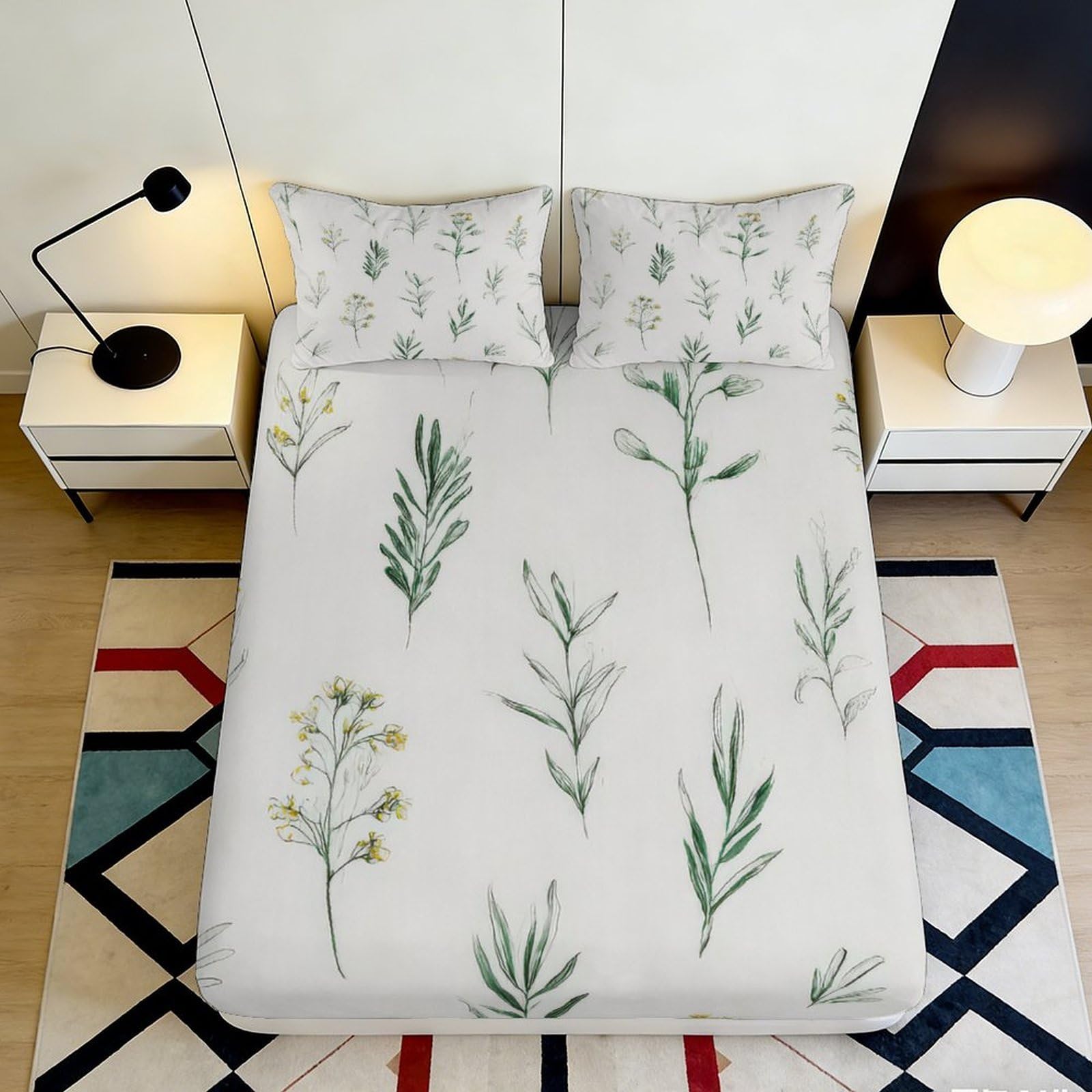 3D Printed Botanical Leaves Fitted Sheet Microfiber Soft Anti-Slip Mattress Cover Floral Green for Bedroom Guest Room 200x200x25cm